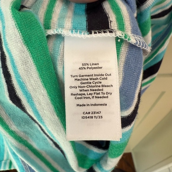 EUC Talbots Striped V-Neck Linen Blend Top SZ L Blue Green and White - Picture 3 of 7
